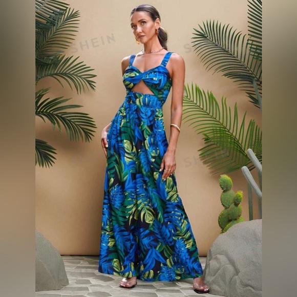 SHEIN VCAY Vacation Style Botanical Printed Spaghetti Strap Jumpsuit - Picture 4 of 7